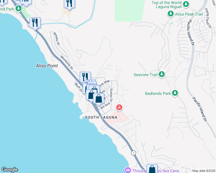 map of restaurants, bars, coffee shops, grocery stores, and more near 31615 2nd Avenue in Laguna Beach