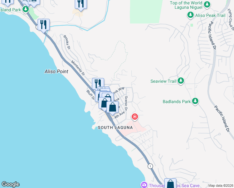 map of restaurants, bars, coffee shops, grocery stores, and more near 31615 2nd Avenue in Laguna Beach