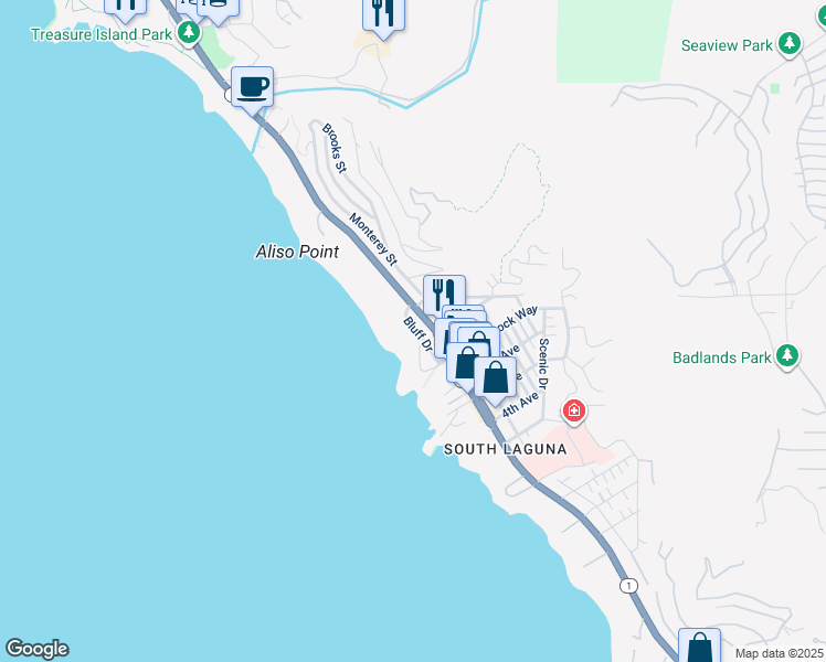 map of restaurants, bars, coffee shops, grocery stores, and more near 31541 Table Rock Drive in Laguna Beach