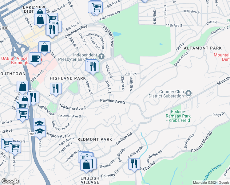 map of restaurants, bars, coffee shops, grocery stores, and more near 1327 31st Street South in Birmingham