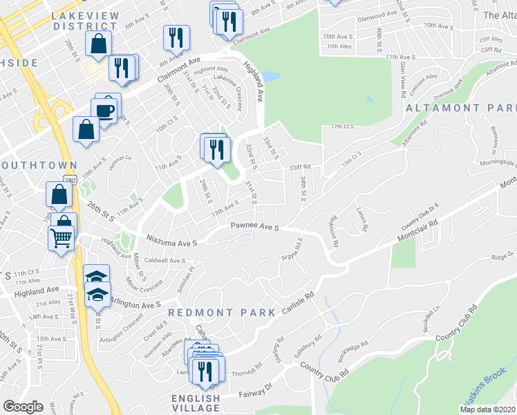 map of restaurants, bars, coffee shops, grocery stores, and more near 1327 31st Street South in Birmingham
