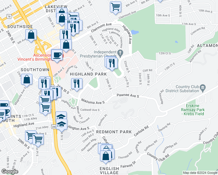 map of restaurants, bars, coffee shops, grocery stores, and more near 1242 29th Street South in Birmingham