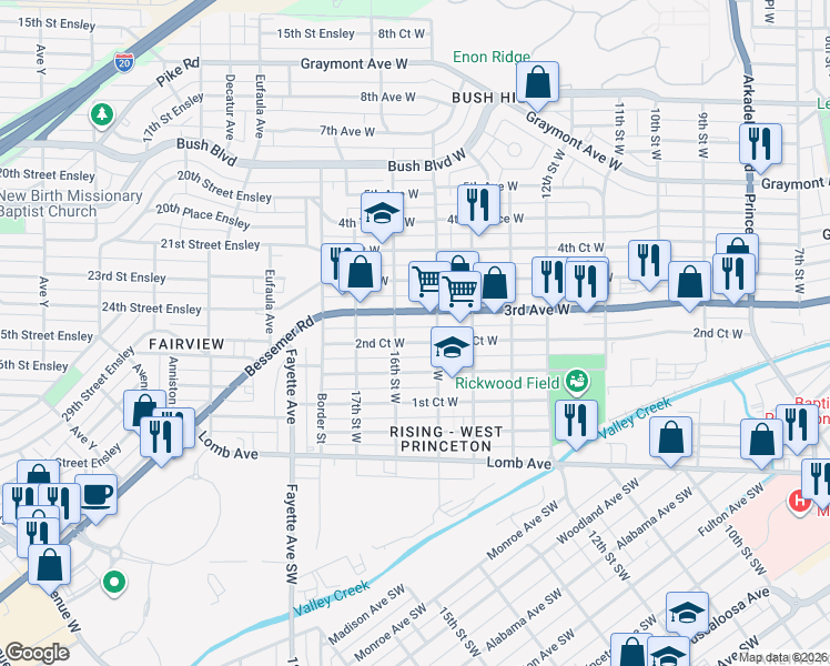 map of restaurants, bars, coffee shops, grocery stores, and more near 1512 2nd Court West in Birmingham