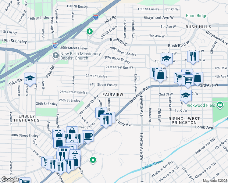 map of restaurants, bars, coffee shops, grocery stores, and more near 2623 29th Street Ensley in Birmingham
