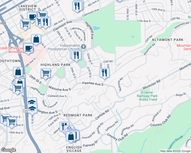 map of restaurants, bars, coffee shops, grocery stores, and more near 1327 31st Street South in Birmingham