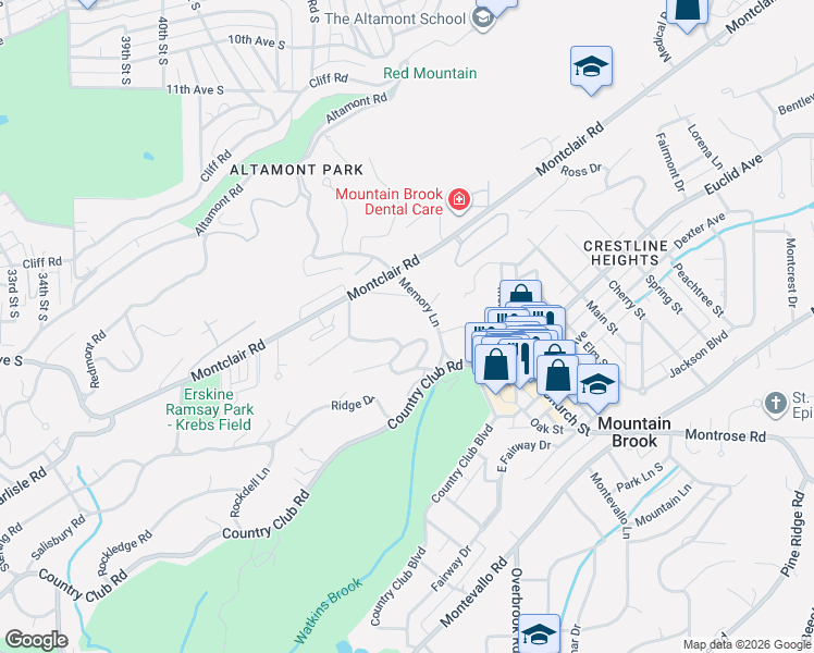 map of restaurants, bars, coffee shops, grocery stores, and more near 3620 Ridgeview Lane in Mountain Brook