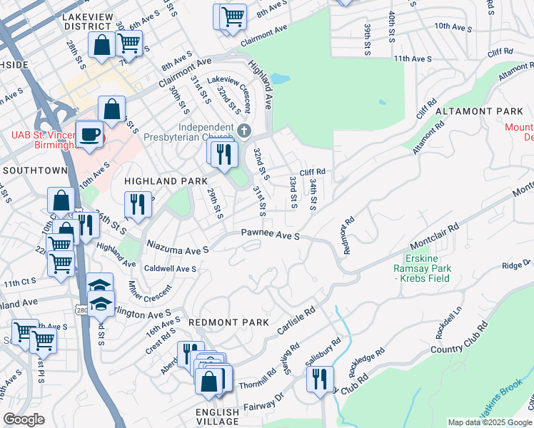 map of restaurants, bars, coffee shops, grocery stores, and more near 1327 31st Street South in Birmingham