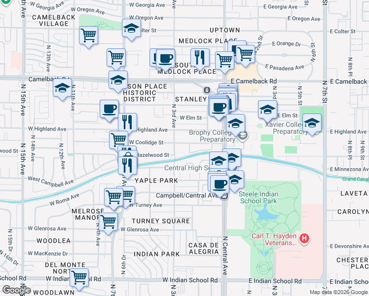 map of restaurants, bars, coffee shops, grocery stores, and more near 201 West Coolidge Street in Phoenix