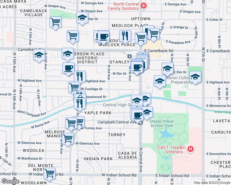 map of restaurants, bars, coffee shops, grocery stores, and more near 201 West Coolidge Street in Phoenix