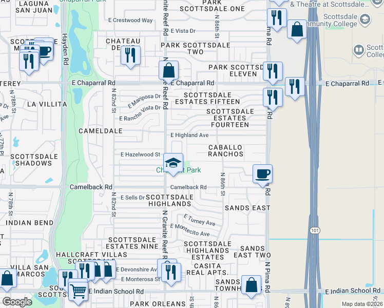 map of restaurants, bars, coffee shops, grocery stores, and more near 8485 East Hazelwood Street in Scottsdale