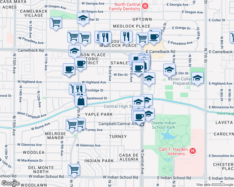 map of restaurants, bars, coffee shops, grocery stores, and more near 201 West Coolidge Street in Phoenix