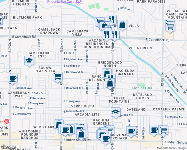 map of restaurants, bars, coffee shops, grocery stores, and more near 3818 East Meadowbrook Avenue in Phoenix