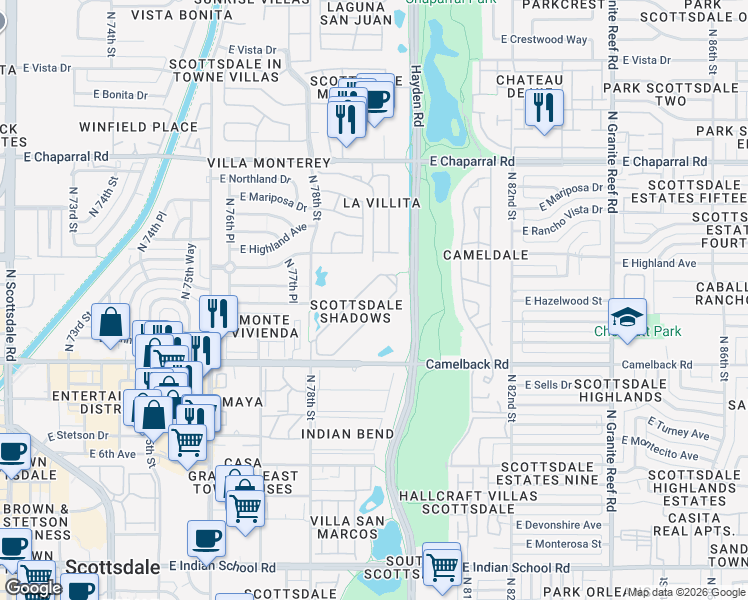 map of restaurants, bars, coffee shops, grocery stores, and more near 7930 East Camelback Road in Scottsdale