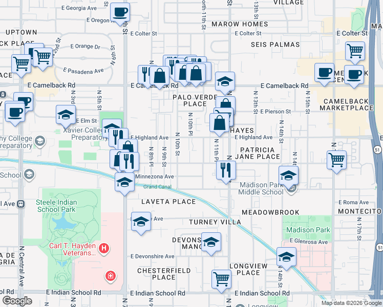 map of restaurants, bars, coffee shops, grocery stores, and more near 1025 East Highland Avenue in Phoenix