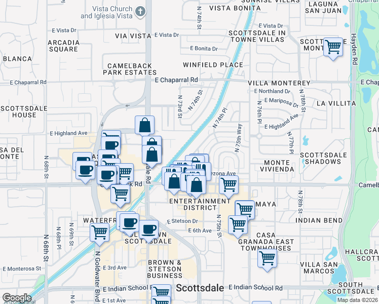 map of restaurants, bars, coffee shops, grocery stores, and more near 4627 North 73rd Street in Scottsdale