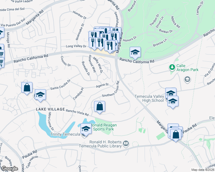 map of restaurants, bars, coffee shops, grocery stores, and more near 42471 Agena Street in Temecula