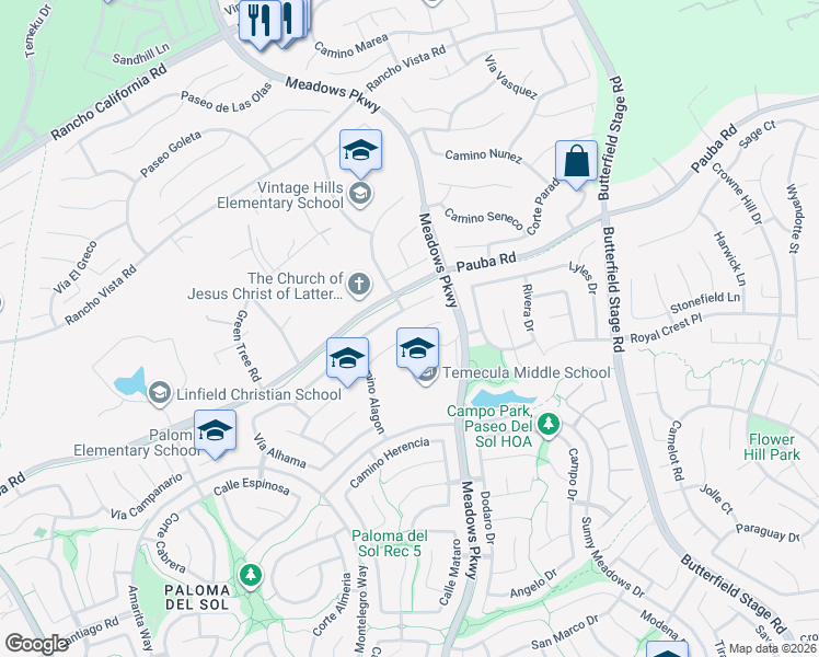 map of restaurants, bars, coffee shops, grocery stores, and more near 32182 Cala Torrente in Temecula
