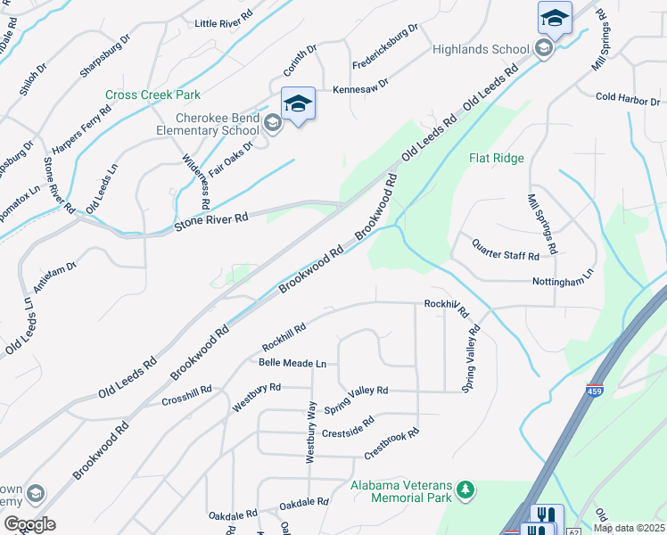 map of restaurants, bars, coffee shops, grocery stores, and more near 3723 Brookwood Road in Birmingham