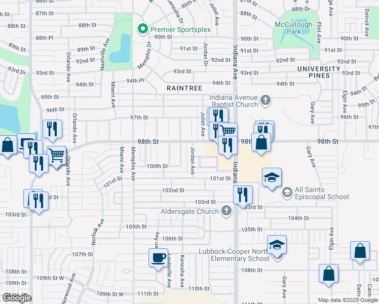 map of restaurants, bars, coffee shops, grocery stores, and more near 9811 Knoxville Avenue in Lubbock