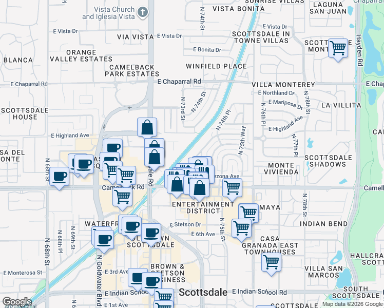 map of restaurants, bars, coffee shops, grocery stores, and more near 4627 North 73rd Street in Scottsdale