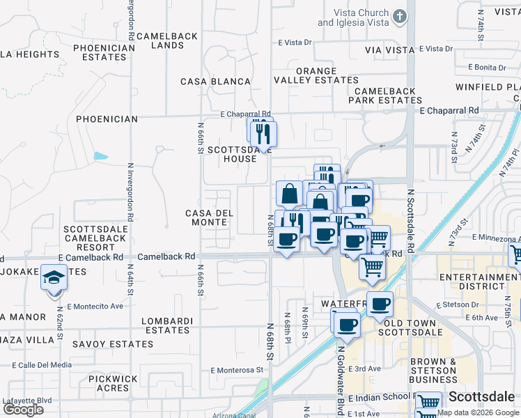 map of restaurants, bars, coffee shops, grocery stores, and more near 4600 North 68th Street in Scottsdale