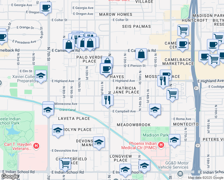 map of restaurants, bars, coffee shops, grocery stores, and more near 4601 North 12th Street in Phoenix