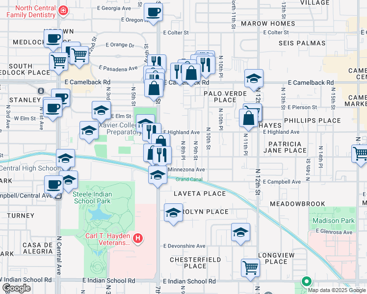 map of restaurants, bars, coffee shops, grocery stores, and more near 4555 North 8th Street in Phoenix