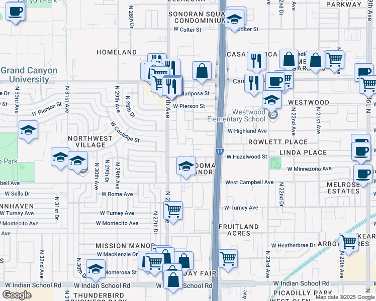map of restaurants, bars, coffee shops, grocery stores, and more near 2625 West Hazelwood Street in Phoenix