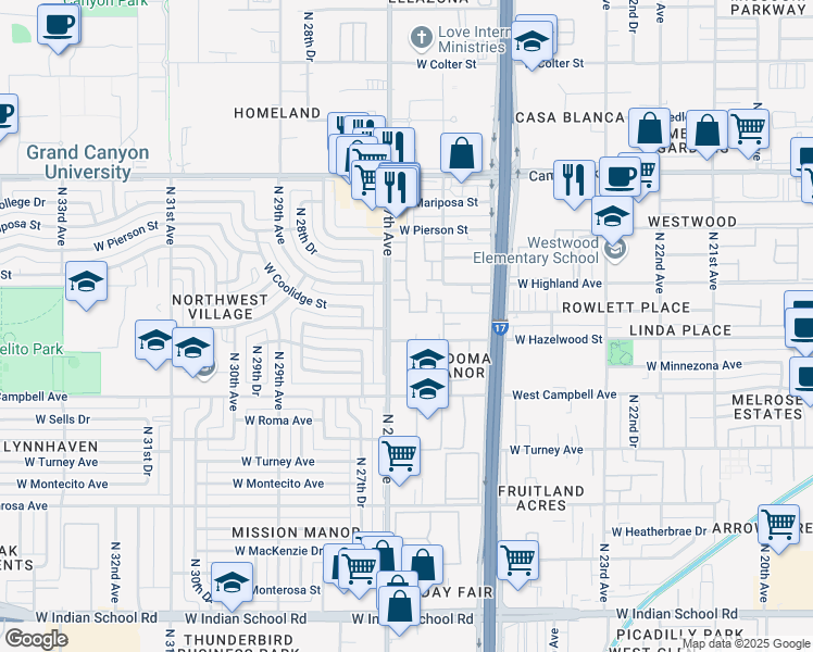 map of restaurants, bars, coffee shops, grocery stores, and more near 2625 West Hazelwood Street in Phoenix