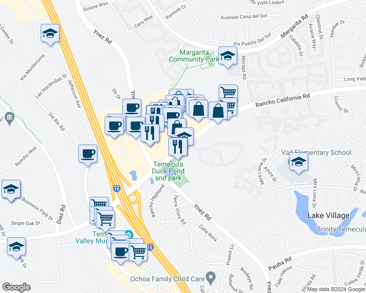 map of restaurants, bars, coffee shops, grocery stores, and more near 29405 Rancho California Road in Temecula