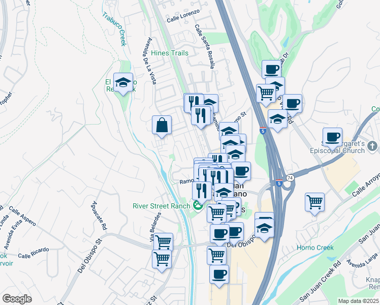 map of restaurants, bars, coffee shops, grocery stores, and more near 31584 Calle La Purisima in San Juan Capistrano