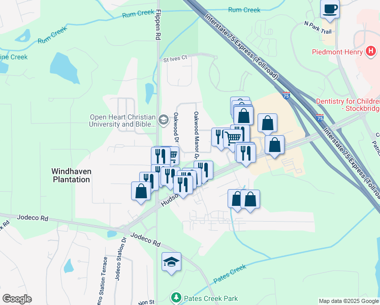 map of restaurants, bars, coffee shops, grocery stores, and more near 2068 Oakwood Drive in Stockbridge