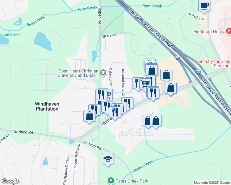 map of restaurants, bars, coffee shops, grocery stores, and more near 2068 Oakwood Drive in Stockbridge