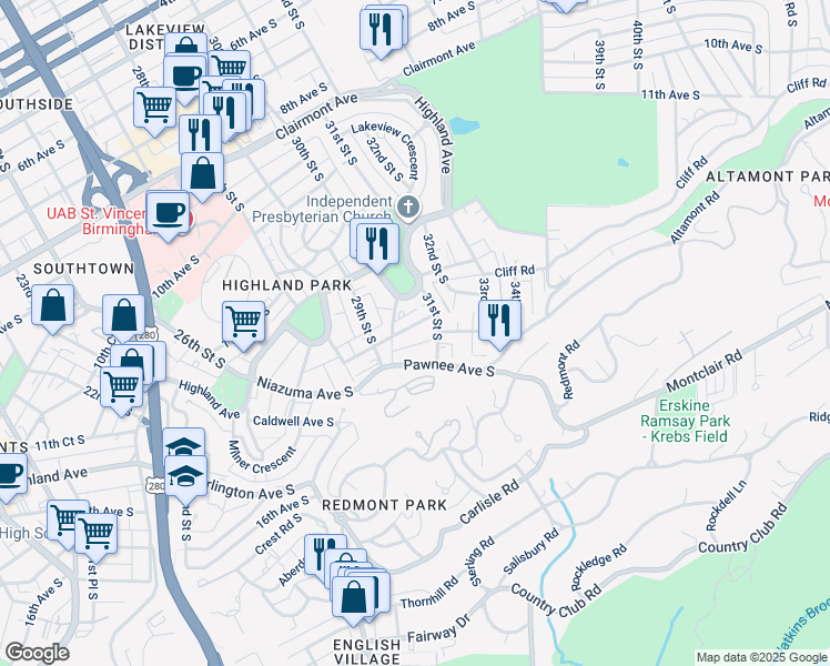 map of restaurants, bars, coffee shops, grocery stores, and more near 2924 Pawnee Avenue South in Birmingham