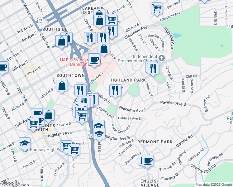 map of restaurants, bars, coffee shops, grocery stores, and more near 2620 Highland Avenue in Birmingham