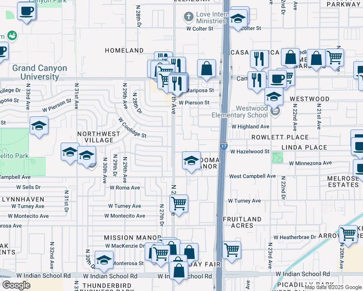 map of restaurants, bars, coffee shops, grocery stores, and more near 2650 West Hazelwood Street in Phoenix