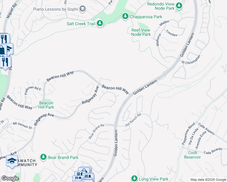 map of restaurants, bars, coffee shops, grocery stores, and more near 21 Asilomar Road in Laguna Niguel