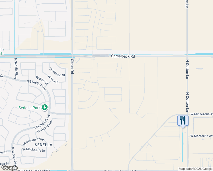 map of restaurants, bars, coffee shops, grocery stores, and more near 17638 West Highland Avenue in Goodyear