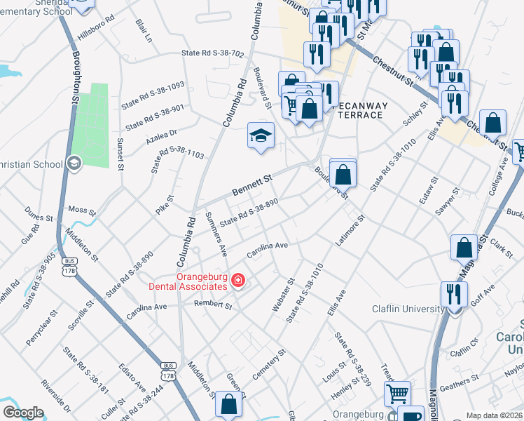 map of restaurants, bars, coffee shops, grocery stores, and more near in Orangeburg