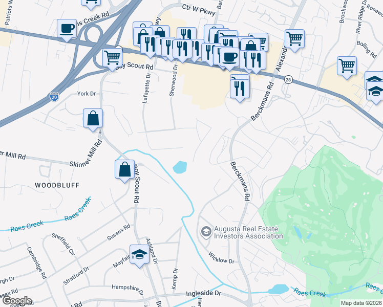 map of restaurants, bars, coffee shops, grocery stores, and more near 3030 Pointewest Drive in Augusta