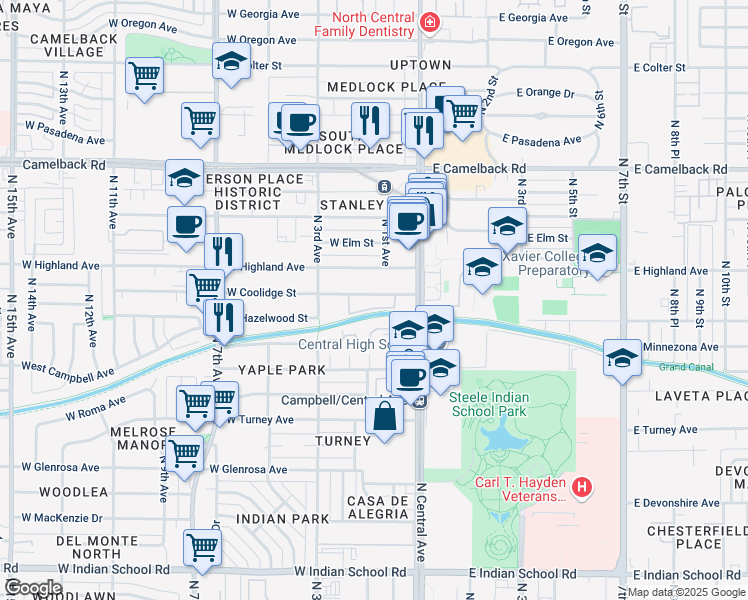 map of restaurants, bars, coffee shops, grocery stores, and more near 77 West Coolidge Street in Phoenix
