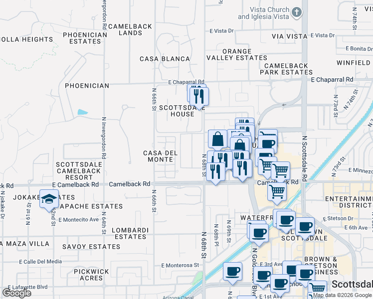 map of restaurants, bars, coffee shops, grocery stores, and more near 4600 North 68th Street in Scottsdale