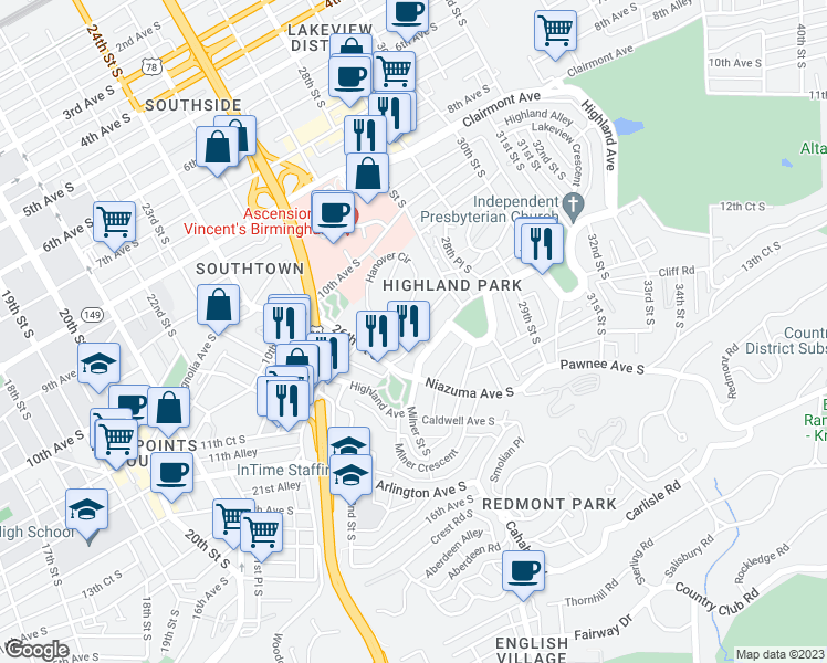 map of restaurants, bars, coffee shops, grocery stores, and more near 2620 Highland Avenue in Birmingham