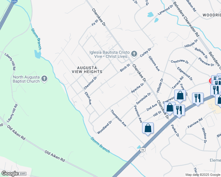 map of restaurants, bars, coffee shops, grocery stores, and more near 125 Yaun Road in North Augusta