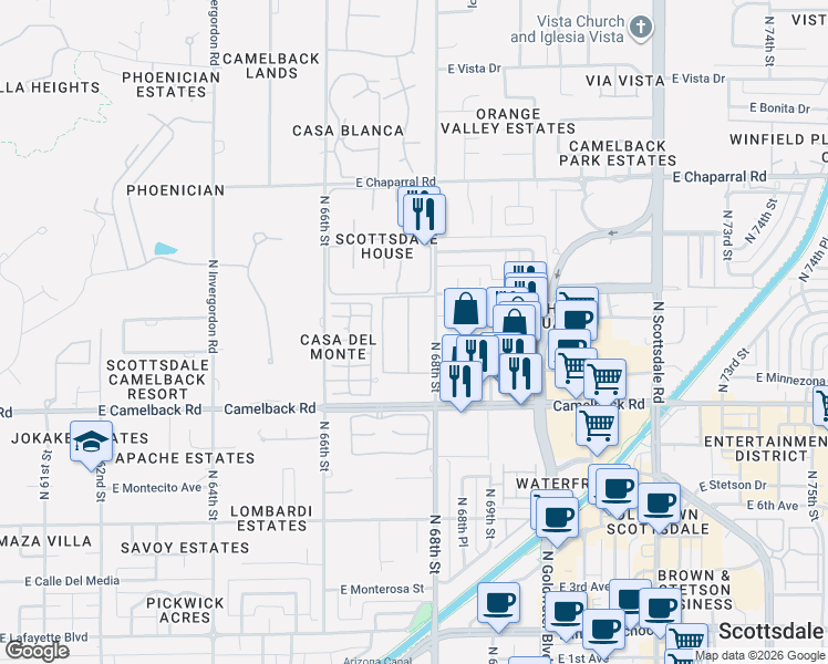 map of restaurants, bars, coffee shops, grocery stores, and more near 4600 North 68th Street in Scottsdale