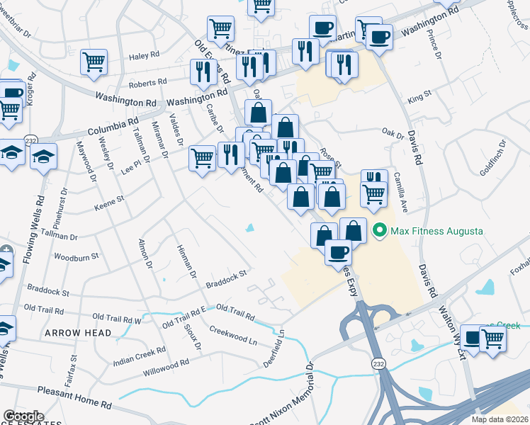 map of restaurants, bars, coffee shops, grocery stores, and more near 257 Settlement Road in Martinez