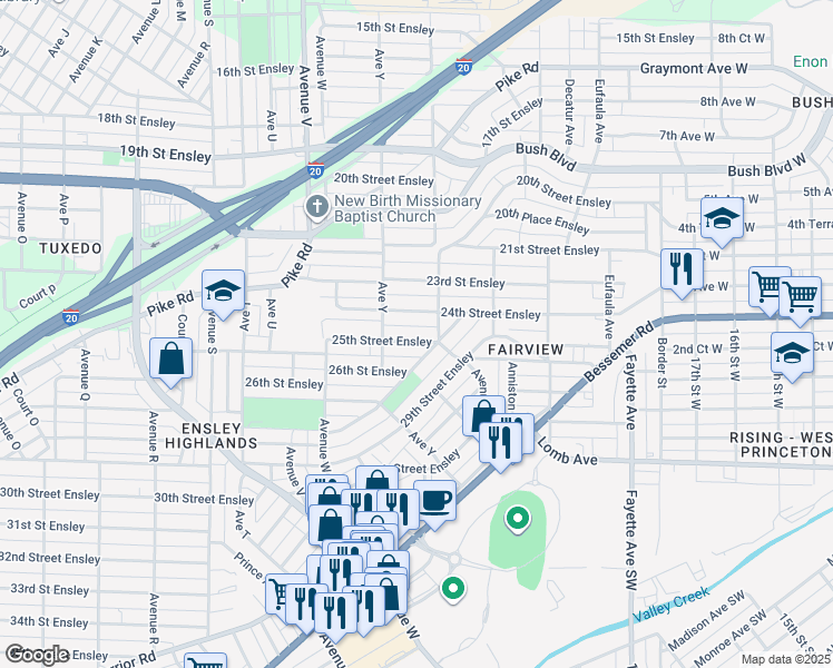 map of restaurants, bars, coffee shops, grocery stores, and more near 2521 25th Street Ensley in Birmingham