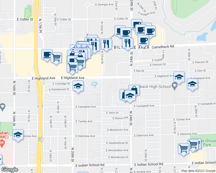 map of restaurants, bars, coffee shops, grocery stores, and more near 4615 North 22nd Street in Phoenix