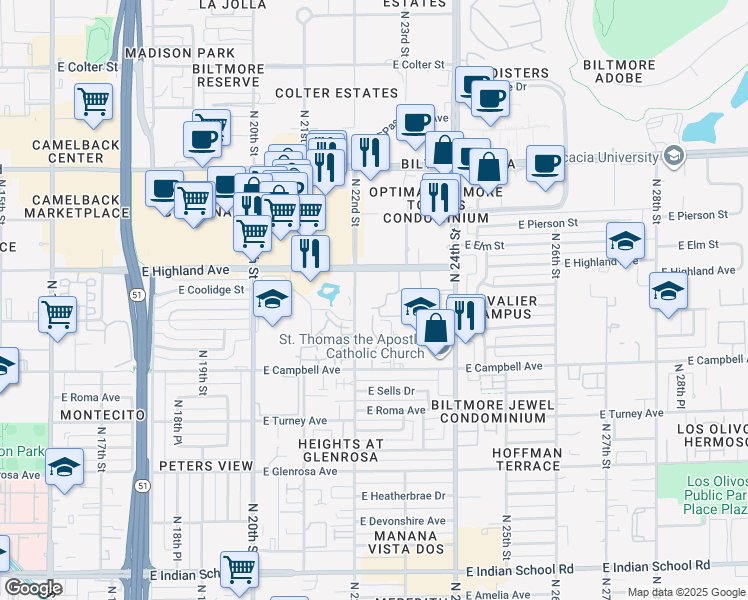 map of restaurants, bars, coffee shops, grocery stores, and more near 4615 North 22nd Street in Phoenix
