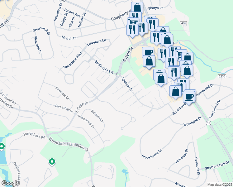 map of restaurants, bars, coffee shops, grocery stores, and more near 1313 Triple Tree Lane Southwest in Aiken